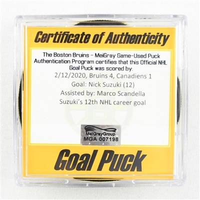 Nick Suzuki - Canadiens - Goal Puck - February 12, 2020 vs. Boston Bruins (Bruins Logo)