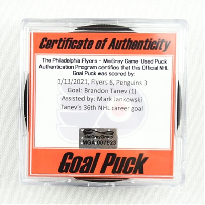 Brandon Tanev - Pittsburgh Penguins - Goal Puck - (Rare TRACKING PUCK) January 13, 2021 vs. Philadelphia Flyers (NHL Logo)