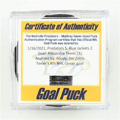 Alexandre Texier - Blue Jackets - Goal Puck - (Rare TRACKING PUCK) January 16, 2021 vs. Nashville Predators (NHL Logo)