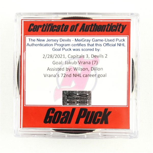 Jakub Vrana - Washington Capitals - Goal Puck - February 28, 2021 vs. New Jersey Devils (Devils Logo)