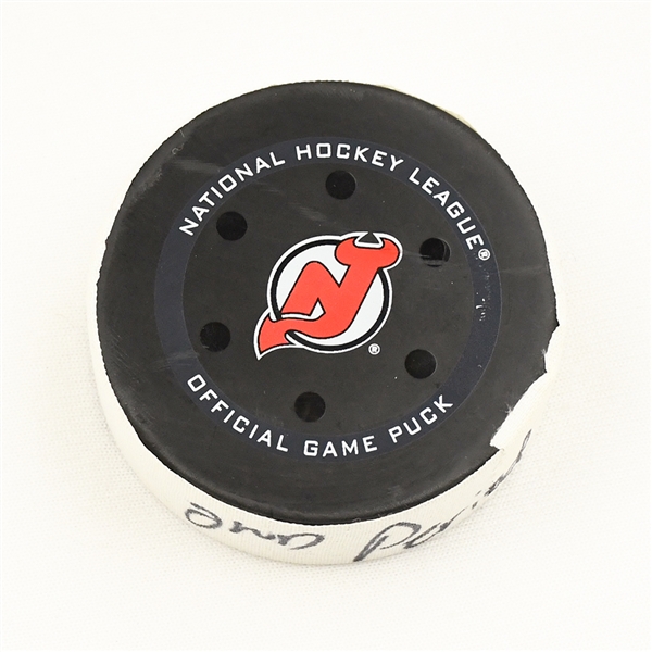 Jesper Bratt - New Jersey Devils - Goal Puck - January 6, 2022 vs. Blue Jackets (Devils Logo) - Jakub Voracek's 1000th NHL Career Game