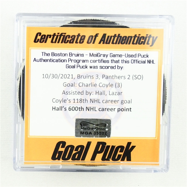 Charlie Coyle - Boston Bruins - Goal Puck - October 30, 2021 vs. Florida Panthers (Bruins Logo) - Taylor Halls 600th NHL Career Point