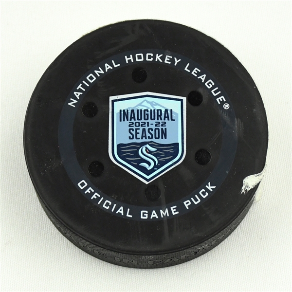 Morgan Geekie - Seattle Kraken - Goal Puck - September 26, 2021 vs. Vancouver Canucks (Kraken Inaugural Season Logo) - Kraken's First NHL Preseason Game