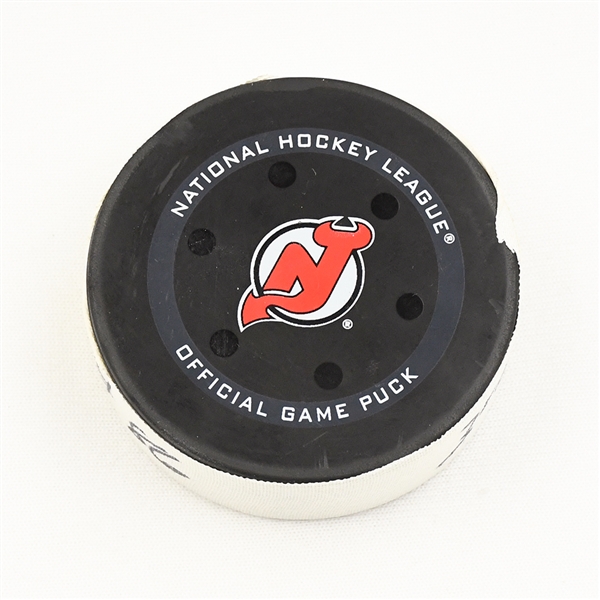 Jack Hughes - New Jersey Devils - Goal Puck - January 6, 2022 vs. Blue Jackets (Devils Logo) - Jakub Voracek's 1000th NHL Career Game