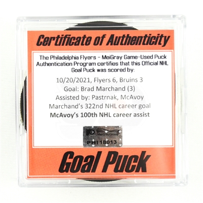 Brad Marchand - Boston Bruins - Goal Puck - October 20, 2021 vs. Philadelphia Flyers (Flyers Logo) - Charlie McAvoys 100th NHL Career Assist