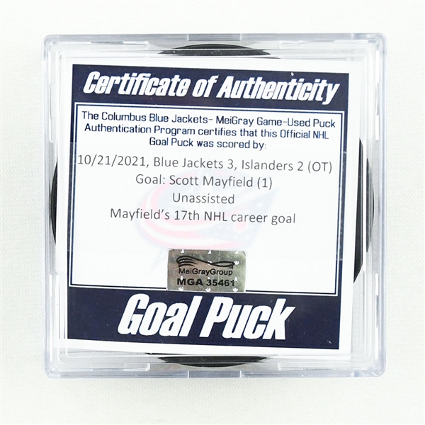 Scott Mayfield - New York Islanders - Goal Puck - October 21, 2021 vs. Columbus Blue Jackets (Blue Jackets Logo)