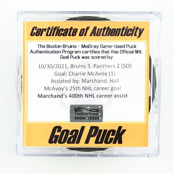 Charlie McAvoy - Boston Bruins - Goal Puck - October 30, 2021 vs. Florida Panthers (Bruins Logo) - Marchands 400th NHL Career Assist