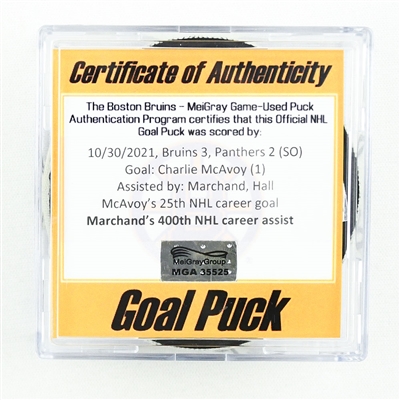 Charlie McAvoy - Boston Bruins - Goal Puck - October 30, 2021 vs. Florida Panthers (Bruins Logo) - Marchands 400th NHL Career Assist