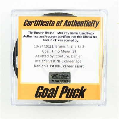 Timo Meier - San Jose Sharks - Goal Puck - October 24, 2021 vs. Boston Bruins (Bruins Logo)