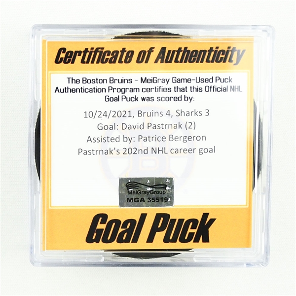 David Pastrnak - Boston Bruins - Goal Puck - October 24, 2021 vs. San Jose Sharks (Bruins Logo)