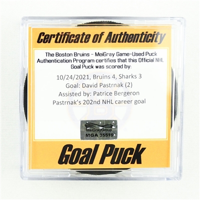 David Pastrnak - Boston Bruins - Goal Puck - October 24, 2021 vs. San Jose Sharks (Bruins Logo)