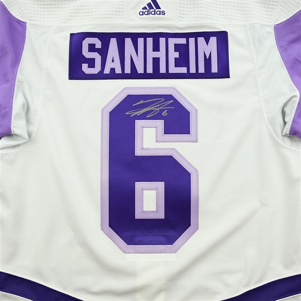 Travis Sanheim - Warm-Up Worn Hockey Fights Cancer Autographed Jersey - November 18, 2021