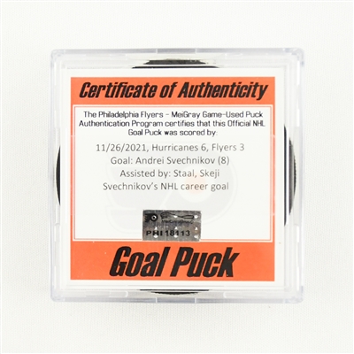 Andrei Svechnikov - Carolina Hurricanes - Goal Puck - November 26, 2021 vs. Philadelphia Flyers (Flyers Logo)