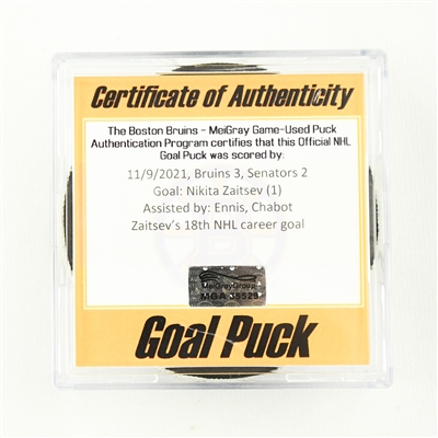 Nikita Zaitsev - Ottawa Senators - Goal Puck - November 9, 2021 vs. Boston Bruins (Bruins Logo)