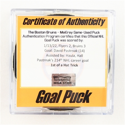David Pastrnak - Boston Bruins - Goal Puck - 1st Goal of Hat Trick - January 13, 2022 vs. Philadelphia Flyers (Bruins Logo)