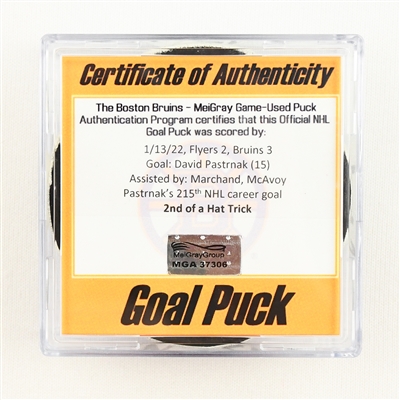 David Pastrnak - Boston Bruins - Goal Puck - 2nd Goal of Hat Trick - January 13, 2022 vs. Philadelphia Flyers (Bruins Logo) 