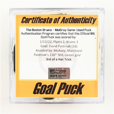 David Pastrnak - Boston Bruins - Goal Puck - 3rd Goal of Hat Trick - January 13, 2022 vs. Philadelphia Flyers (Bruins Logo) 