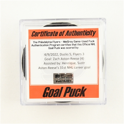 Zach Aston-Reese - Anaheim Ducks - Goal Puck - April 9, 2022 vs.Philadelphia Flyers (Flyers Logo) 