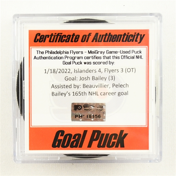 Josh Bailey - New York Islanders - Goal Puck - January 18, 2022 vs. Philadelphia Flyers (Flyers Logo)