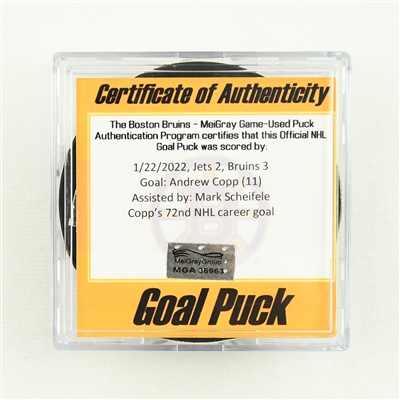 Andrew Copp - Winnipeg Jets - Goal Puck - January 22, 2022 vs. Boston Bruins (Bruins Logo)