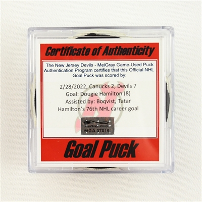 Dougie Hamilton - New Jersey Devils - Goal Puck - February 28, 2022 vs. Vancouver Canucks (Devils Logo)