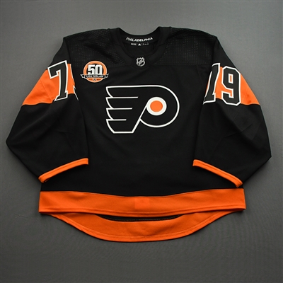 Carter Hart - Game-Worn Third Jersey w/ Lou Nolan 50 Years Patch - Back-Up Only - April 9, 2022