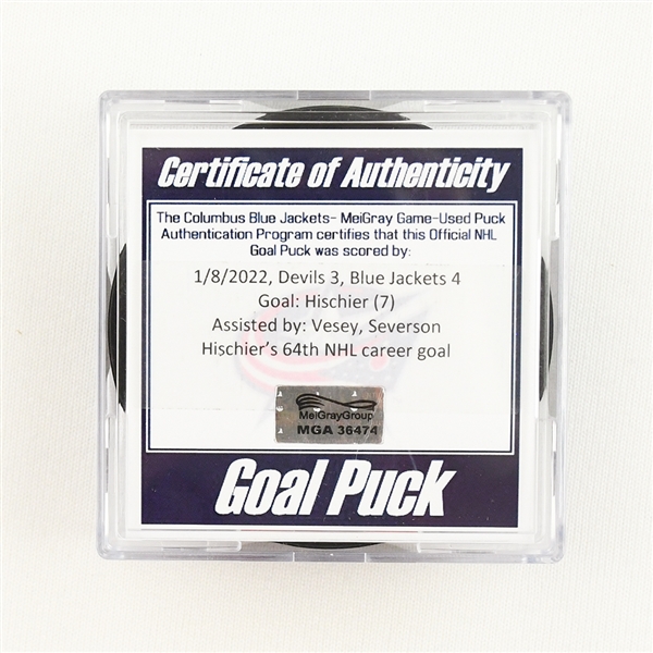 Nico Hischier - New Jersey Devils - Goal Puck - January 8, 2022 vs. Columbus Blue Jackets (Blue Jackets Logo)