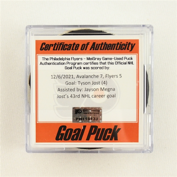 Tyson Jost - Colorado Avalanche - Goal Puck - December 6, 2021 vs. Philadelphia Flyers (Flyers Logo)