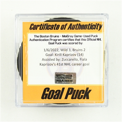 Kaprizov Kirill - Minnesota Wild - Goal Puck - January 6, 2022 vs. Boston Bruins (Bruins Logo)