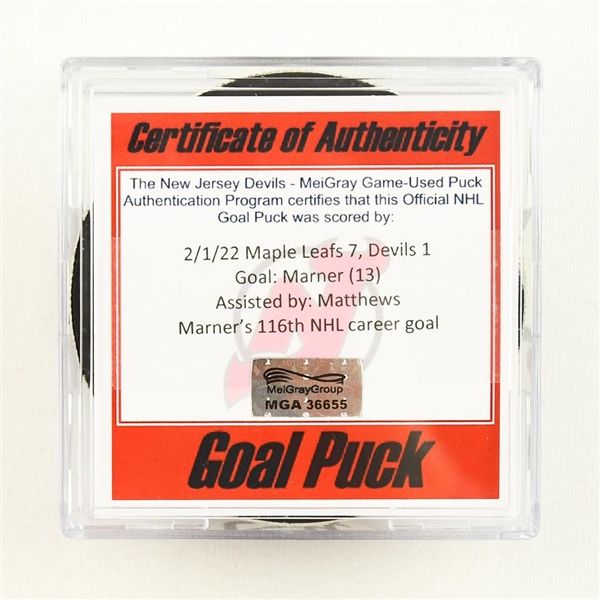 Mitchell Marner - Toronto Maple Leafs - Goal Puck - February 1, 2022 vs. New Jersey Devils (Devils Logo)