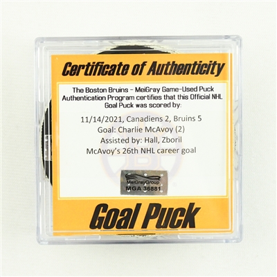 Charlie McAvoy - Boston Bruins - Goal Puck - November 14, 2021 vs. Montreal Canadiens (Bruins Logo)