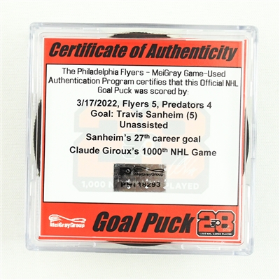 Travis Sanheim - Goal Puck - March 17, 2022 vs. Nashville Predators (Flyers Logo) - Girouxs 1000th Game 