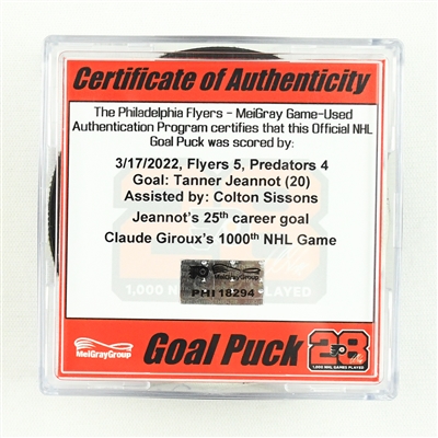 Tanner Jeannot - Goal Puck - March 17, 2022 vs. Philadelphia Flyers (Flyers Logo) - Girouxs 1000th Game 