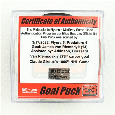 James van Riemsdyk - Goal Puck - March 17, 2022 vs. Nashville Predators (Flyers Logo) - Girouxs 1000th Game 