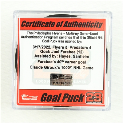 Joel Farabee - Goal Puck - March 17, 2022 vs. Nashville Predators (Flyers Logo) - Girouxs 1000th Game 