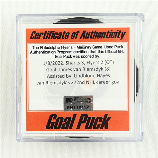 James van Riemsdyk - Philadelphia Flyers - Goal Puck - January 8, 2022 vs. San Jose Sharks (Flyers Logo)