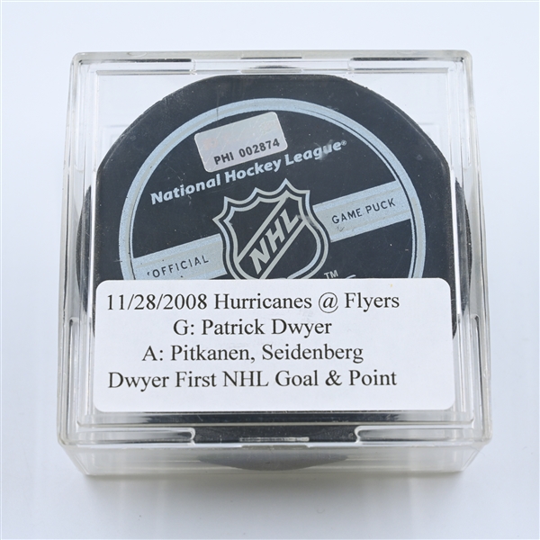 Patrick Dwyer - Carolina Hurricanes - Goal Puck - November 28, 2008 at Philadelphia Flyers Goal Puck (Flyers Logo) - 2008-09 NHL Season