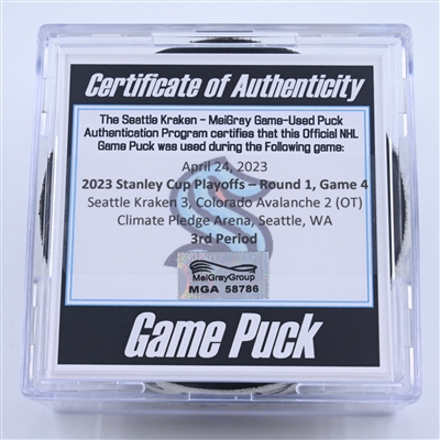 Seattle Kraken - Game Puck - April 24, 2023 vs. Colorado Avalanche - 2023 Stanley Cup Playoffs - Round 1, Game 4 - 3rd Period (Kraken Logo) 
