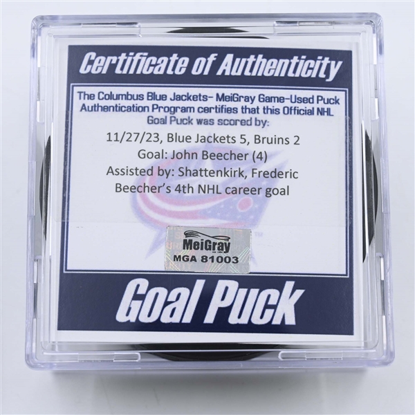John Beecher - Boston Bruins - Goal Puck -  November 27, 2023 vs. Columbus Blue Jackets (Blue Jackets Logo)