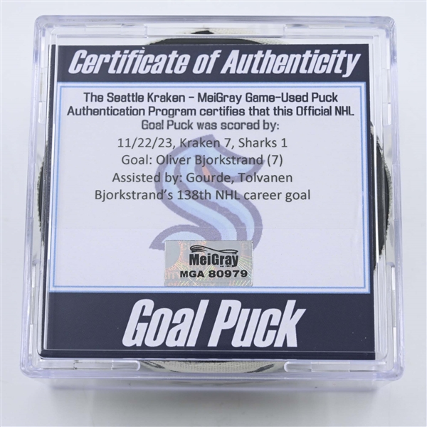 Oliver Bjorkstrand - Seattle Kraken - Goal Puck -  November 22, 2023 vs. San Jose Sharks (Kraken Logo)