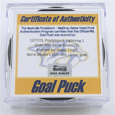 Alex Barre-Boulet - Tampa Bay Lightning - Goal Puck - December 7, 2023 vs. Nashville Predators (Predators 25th Anniversary Logo)