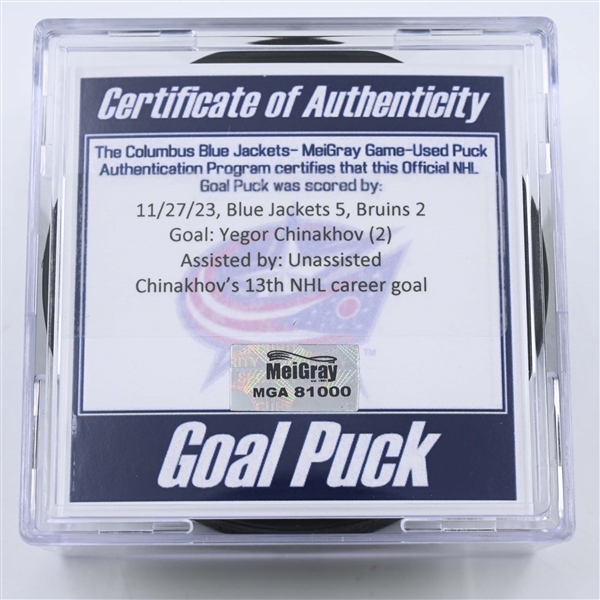 Yegor Chinakhov - Columbus Blue Jackets - Goal Puck -  November 27, 2023 vs. Boston Bruins (Blue Jackets Logo)