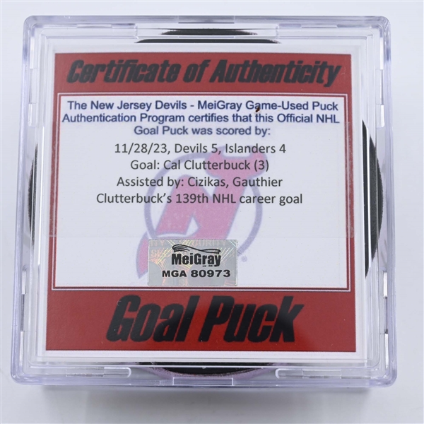 Cal Clutterbuck - New York Islanders - Goal Puck -  November 28, 2023 vs. New Jersey Devils (Devils Logo)