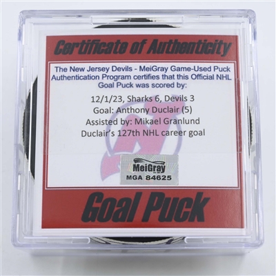 Anthony Duclair - San Jose Sharks - Goal Puck - December 1, 2023 vs. New Jersey Devils (Devils Logo)
