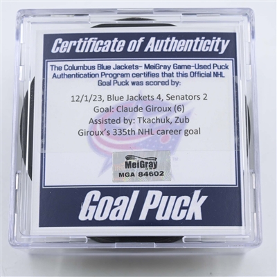 Claude Giroux - Ottawa Senators - Goal Puck - December 1, 2023 vs. Columbus Blue Jackets (Blue Jackets Logo)