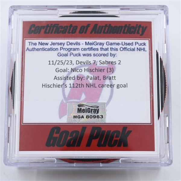 Nico Hischier - New Jersey Devils - Goal Puck -  November 25, 2023 vs. Buffalo Sabres (Devils Logo)
