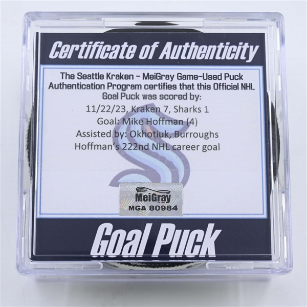 Mike Hoffman - San Jose Sharks - Goal Puck -  November 22, 2023 vs. Seattle Kraken (Kraken Logo)