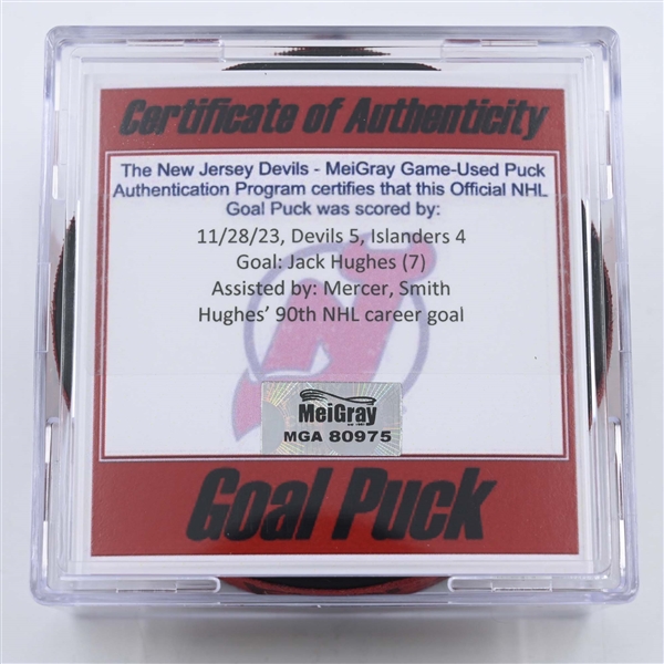 Jack Hughes - New Jersey Devils - Goal Puck -  November 28, 2023 vs. New York Islanders (Devils Logo)