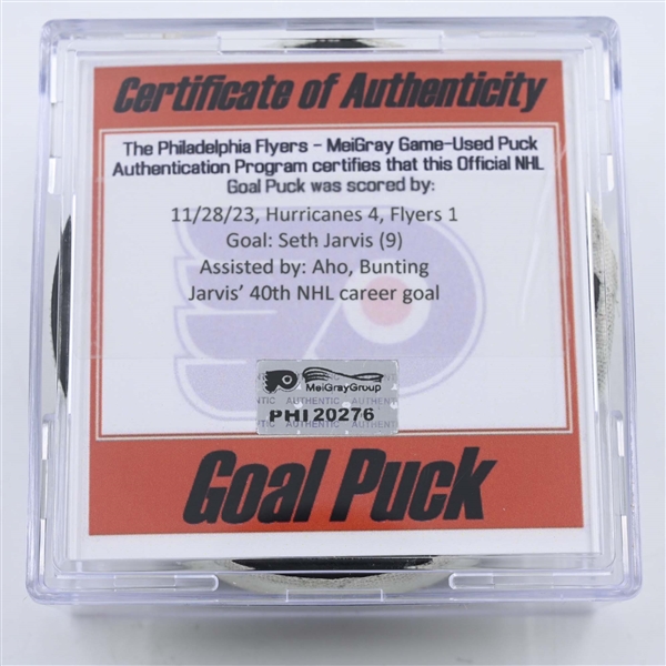 Seth Jarvis - Carolina Hurricanes - Goal Puck -  November 28, 2023 vs. Philadelphia Flyers (Flyers Logo)