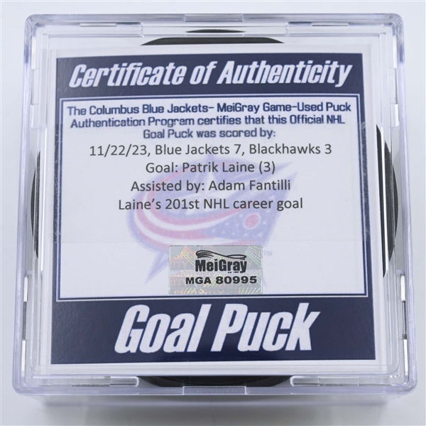 Patrik Laine - Columbus Blue Jackets - Goal Puck -  November 22, 2023 vs. Chicago Blackhawks (Blue Jackets Logo)